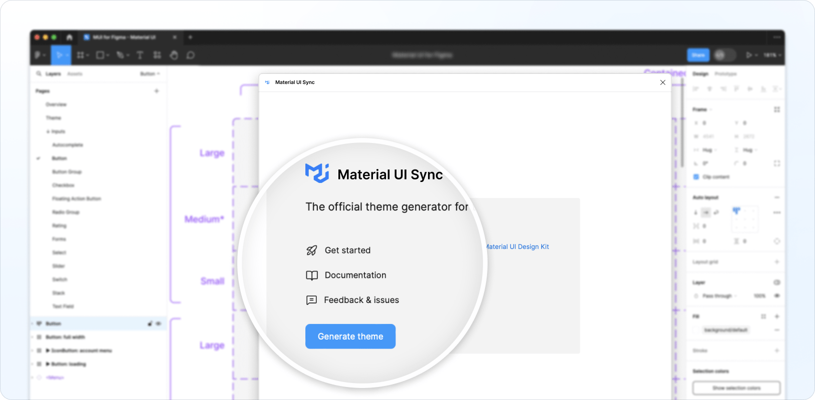 The Generate theme button in the Material UI Sync plugin UI.
