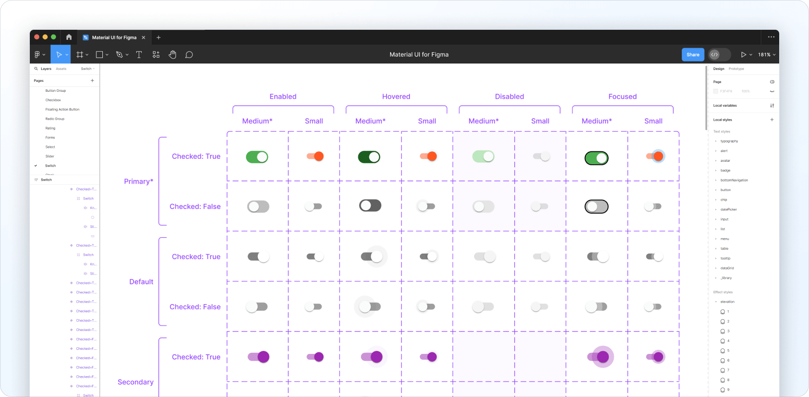A fully customized Switch component in the Material UI Design Kit.
